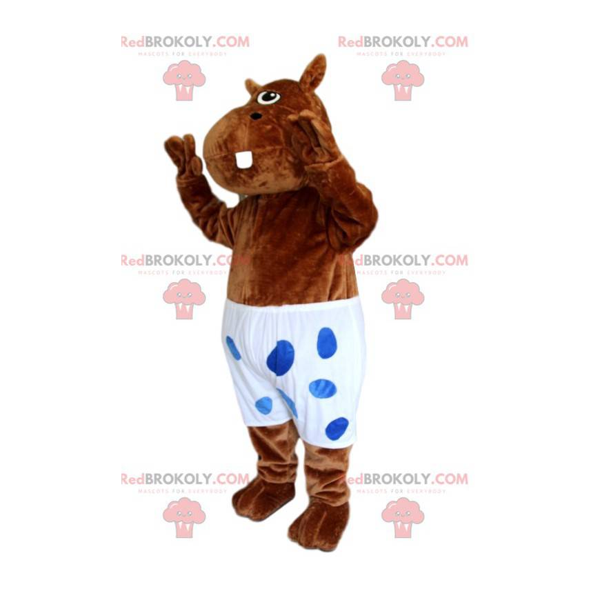 Mascot brown hyppopotamus with a white swimsuit with polka dots