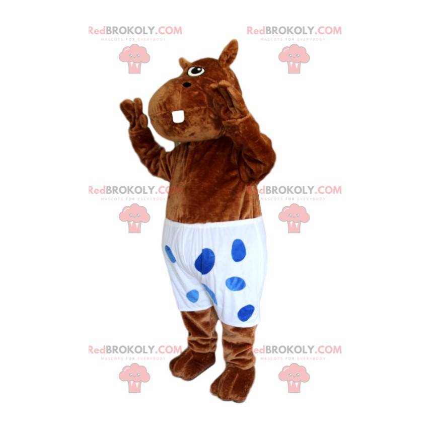 Mascot brown hyppopotamus with a white swimsuit with polka dots Mascot brown hyppopotamus with a white swimsuit with polka dots