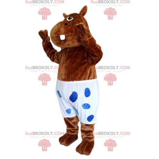 Mascot brown hyppopotamus with a white swimsuit with polka dots