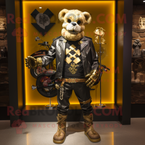 Gold Celtic Cross mascot costume character dressed with a Biker Jacket and Belts
