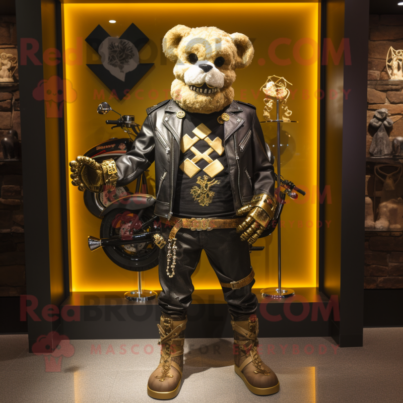 Gold Celtic Cross mascot costume character dressed with a Biker Jacket and Belts Gold Celtic Cross mascot costume character dressed with a Biker Jacket and Belts