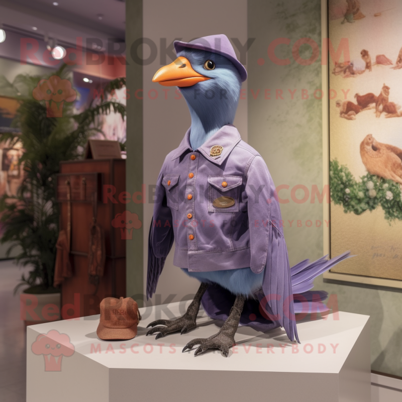 Lavender Passenger Pigeon mascot costume character dressed with a Flare Jeans and Brooches