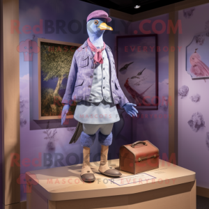 Lavender Passenger Pigeon mascot costume character dressed with a Flare Jeans and Brooches