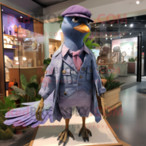 Lavender Passenger Pigeon mascot costume character dressed with a Flare Jeans and Brooches