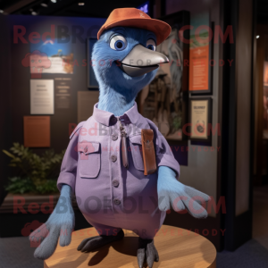 Lavender Passenger Pigeon mascot costume character dressed with a Flare Jeans and Brooches