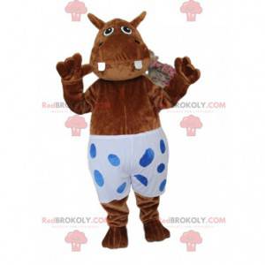 Mascot brown hyppopotamus with a white swimsuit with polka dots