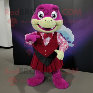 Magenta Turtle mascot costume character dressed with a Pencil Skirt and Bow ties