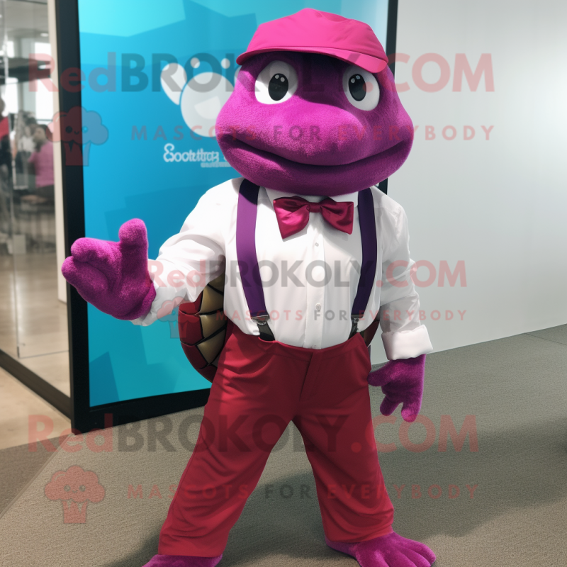 Magenta Turtle mascot costume character dressed with a Pencil Skirt and Bow ties