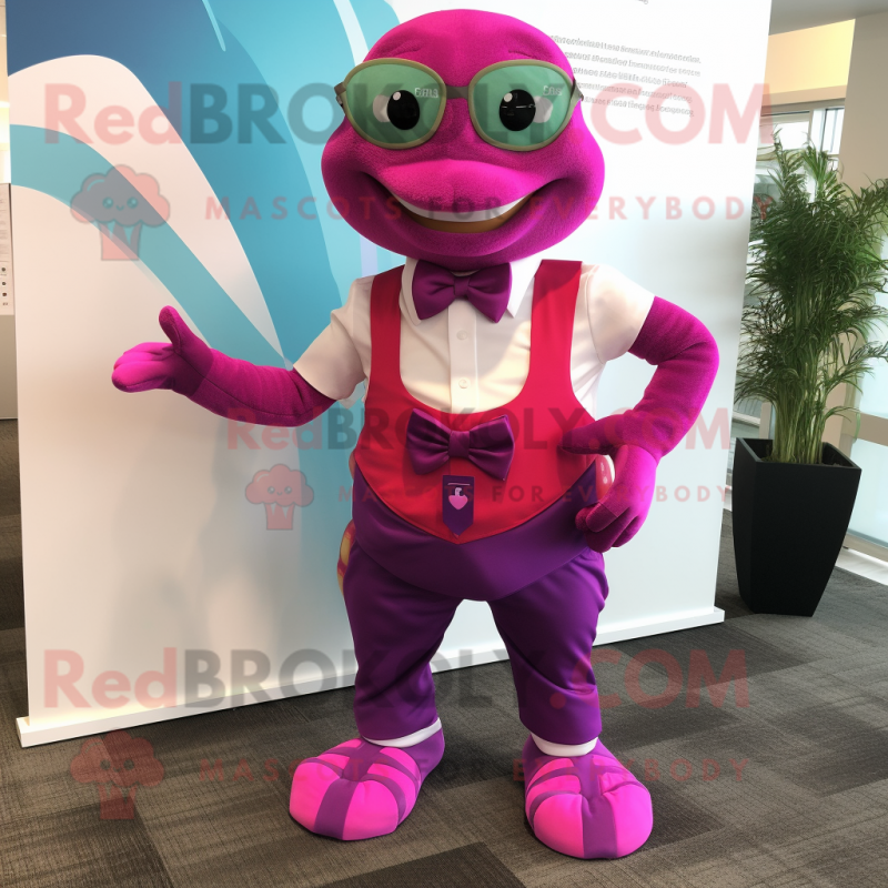 Magenta Turtle mascot costume character dressed with a Pencil Skirt and Bow ties