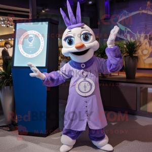 Lavender Acrobat mascot costume character dressed with a Coat and Digital watches
