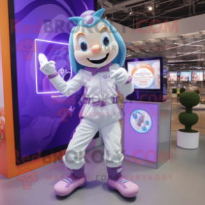 Lavender Acrobat mascot costume character dressed with a Coat and Digital watches