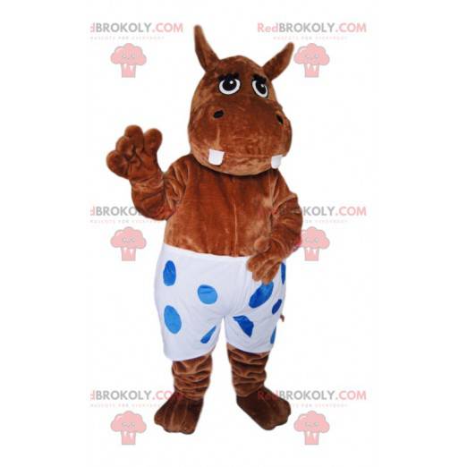 Mascot brown hyppopotamus with a white swimsuit with polka dots