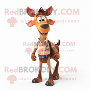 Peach Okapi mascot costume character dressed with a Bootcut Jeans and Suspenders