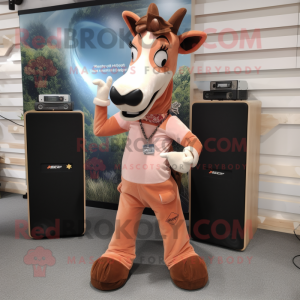 Peach Okapi mascot costume character dressed with a Bootcut Jeans and Suspenders