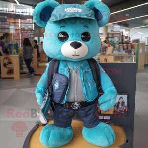 Turquoise Bear mascot costume character dressed with a Jacket and Backpacks