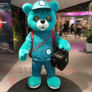 Turquoise Bear mascot costume character dressed with a Jacket and Backpacks