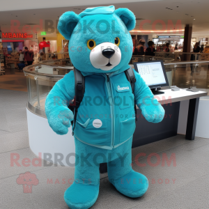 Turquoise Bear mascot costume character dressed with a Jacket and Backpacks