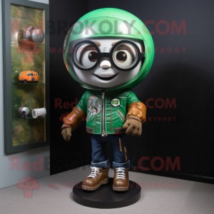 Forest Green Gumball Machine mascot costume character dressed with a Moto Jacket and Eyeglasses
