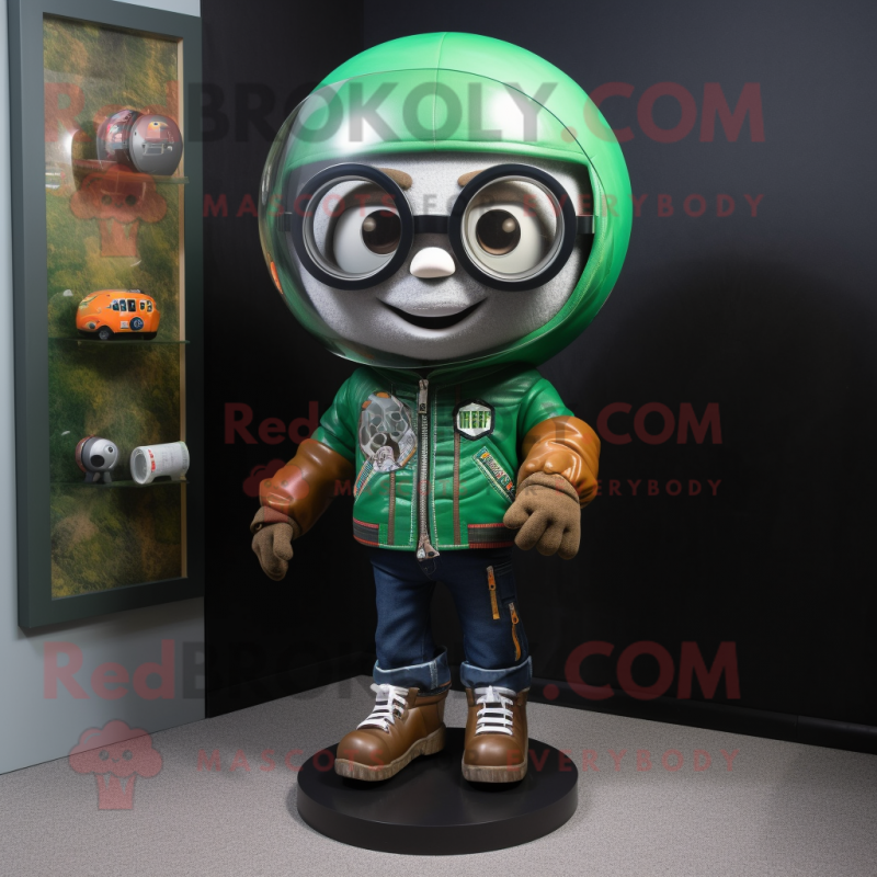 Forest Green Gumball Machine mascot costume character dressed with a Moto Jacket and Eyeglasses Forest Green Gumball Machine mascot costume character dressed with a Moto Jacket and Eyeglasses
