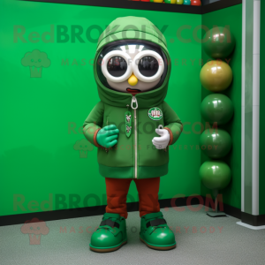 Forest Green Gumball Machine mascot costume character dressed with a Moto Jacket and Eyeglasses