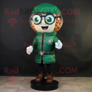 Forest Green Gumball Machine mascot costume character dressed with a Moto Jacket and Eyeglasses