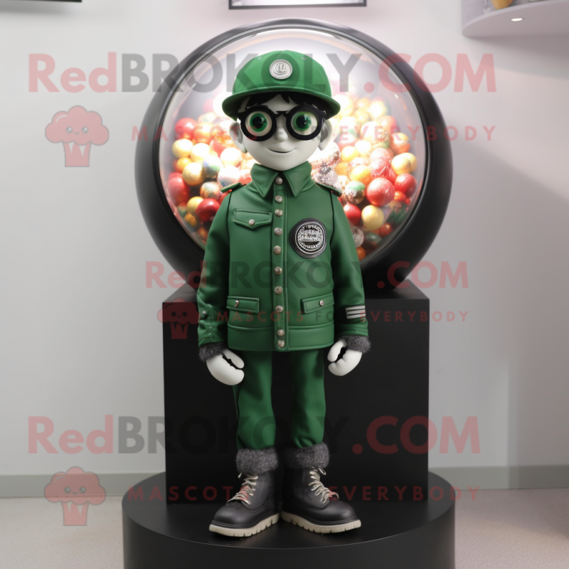 Forest Green Gumball Machine mascot costume character dressed with a Moto Jacket and Eyeglasses