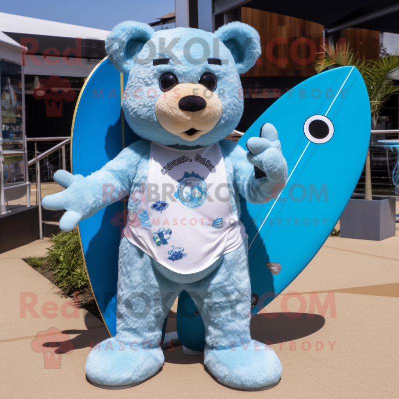 Sky Blue Teddy Bear mascot costume character dressed with a Board Shorts and Cufflinks