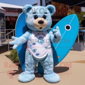 Sky Blue Teddy Bear mascot costume character dressed with a Board Shorts and Cufflinks