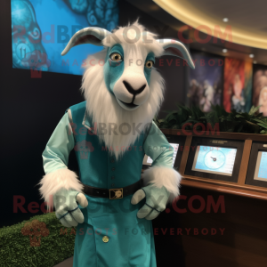 Cyan Goat mascot costume character dressed with a Dress Shirt and Watches