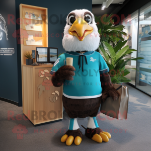 Cyan Haast'S Eagle mascot costume character dressed with a Rugby Shirt and Smartwatches