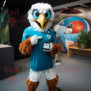 Cyan Haast'S Eagle mascot costume character dressed with a Rugby Shirt and Smartwatches