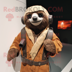 Brown Sloth mascot costume character dressed with a Bomber Jacket and Scarves