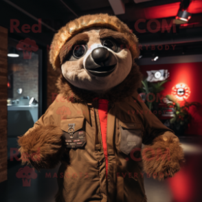 Brown Sloth mascot costume character dressed with a Bomber Jacket and Scarves