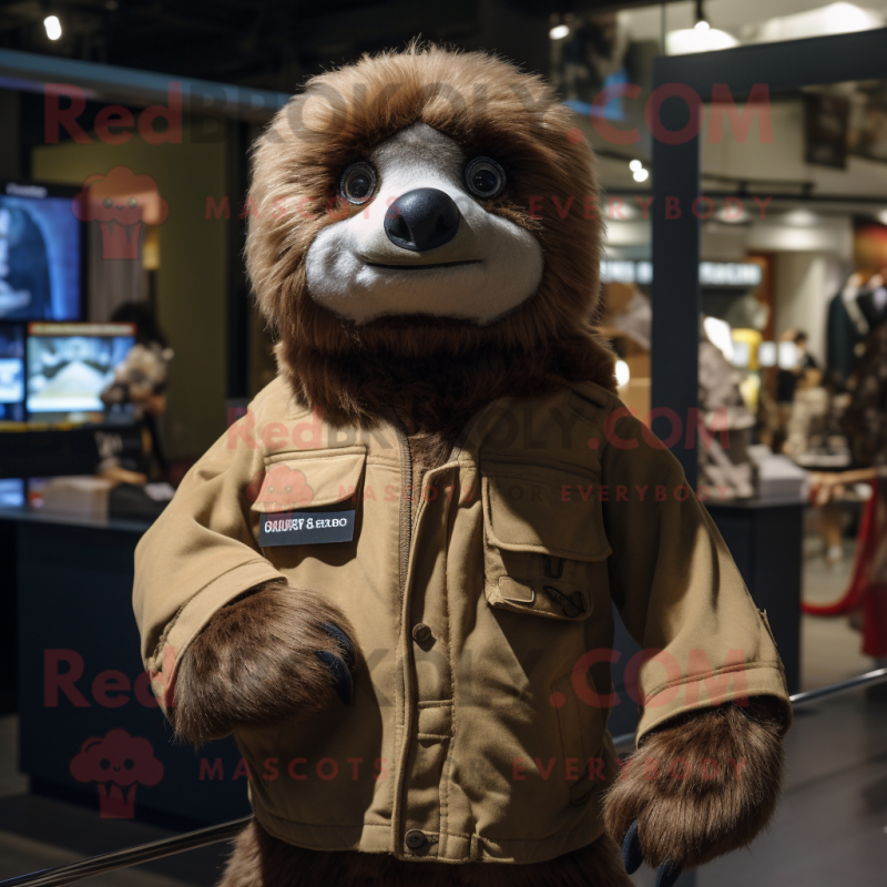 Brown Sloth mascot costume character dressed with a Bomber Jacket and Scarves