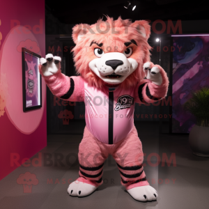 Pink Saber-Toothed Tiger mascot costume character dressed with a Jumpsuit and Brooches