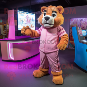 Pink Saber-Toothed Tiger mascot costume character dressed with a Jumpsuit and Brooches