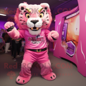 Pink Saber-Toothed Tiger mascot costume character dressed with a Jumpsuit and Brooches