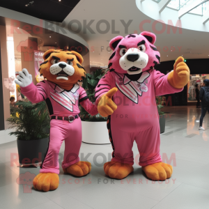 Pink Saber-Toothed Tiger mascot costume character dressed with a Jumpsuit and Brooches