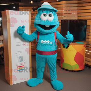 Turquoise Paella mascot costume character dressed with a Corduroy Pants and Digital watches