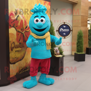 Turquoise Paella mascot costume character dressed with a Corduroy Pants and Digital watches