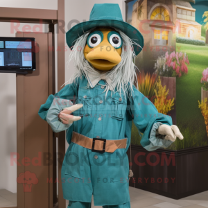 Teal Scarecrow mascot costume character dressed with a Blouse and Digital watches