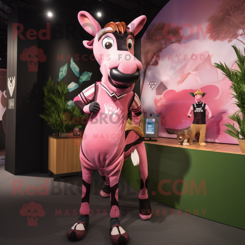 Pink Okapi mascot costume character dressed with a Mini Skirt and Cummerbunds