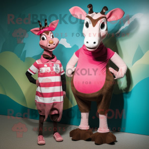 Pink Okapi mascot costume character dressed with a Mini Skirt and Cummerbunds