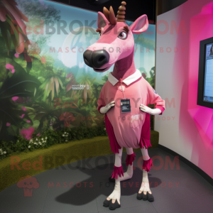Pink Okapi mascot costume character dressed with a Mini Skirt and Cummerbunds