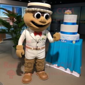 Tan Wedding Cake mascot costume character dressed with a Board Shorts and Suspenders