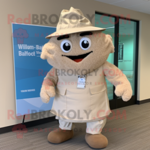 Tan Wedding Cake mascot costume character dressed with a Board Shorts and Suspenders