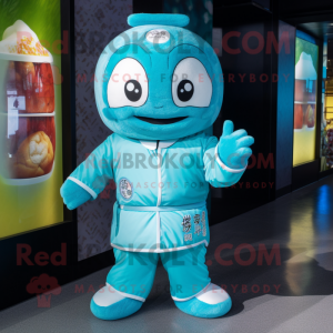 Cyan Dim Sum mascot costume character dressed with a Rash Guard and Mittens