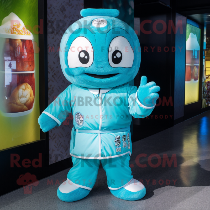 Cyan Dim Sum mascot costume character dressed with a Rash Guard and Mittens Cyan Dim Sum mascot costume character dressed with a Rash Guard and Mittens