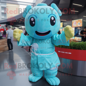 Cyan Dim Sum mascot costume character dressed with a Rash Guard and Mittens