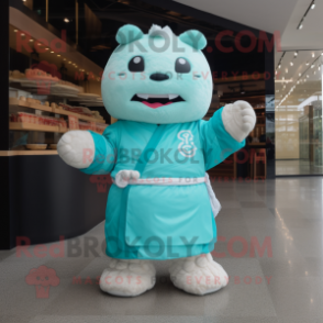 Cyan Dim Sum mascot costume character dressed with a Rash Guard and Mittens